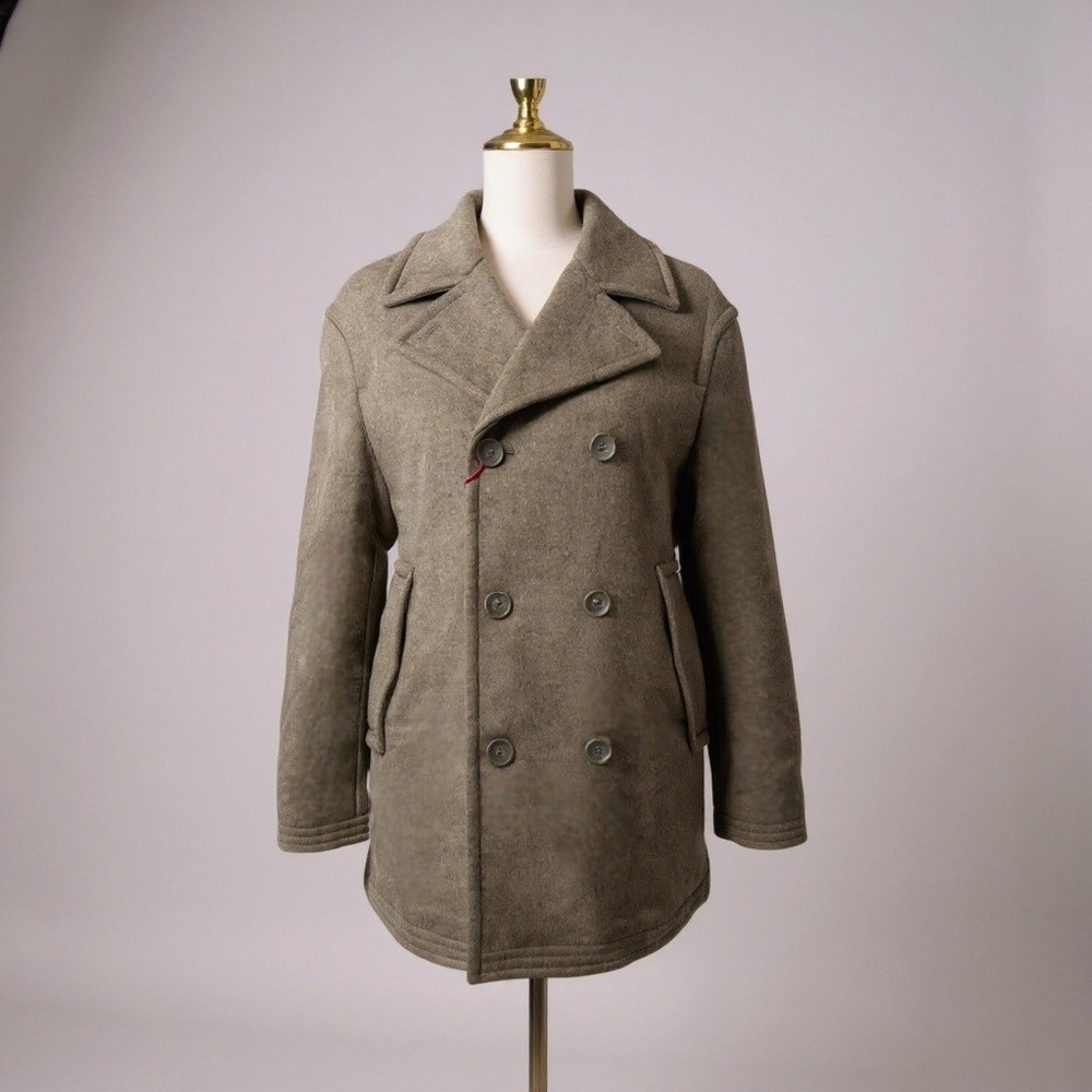 Zara SRPLS Double Breasted Wool Blend Sherpa Lined Peacoat Olive Green‎